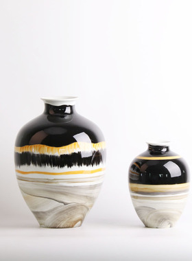 新中式陶瓷花瓶摆件金属窑变色客厅玄关电视酒柜装饰品样板间摆设