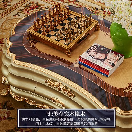 欧式茶几 高端实木雕花香槟金带抽屉茶台茶桌 美式贴金箔椭圆茶几 - 图1