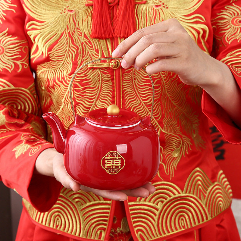 New tea cup set festive Chinese style bride engagement dowry red tray teapot