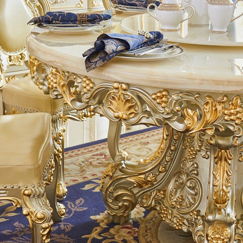 欧式金色圆桌美式别墅餐厅大理石带转盘圆桌实木家用雕花吃饭桌子,淘宝优惠券,粉丝福利购,淘宝优惠卷
