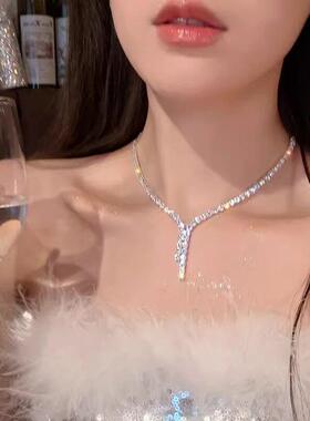 高级感闪钻耳环！轻奢小众礼服晚宴锁骨炼新娘婚纱配饰女项炼全新