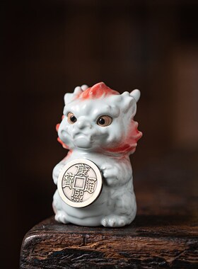 汝窑小龙醒狮茶宠天青开片可养茶玩摆设手把摆件陶瓷茶具个性送礼