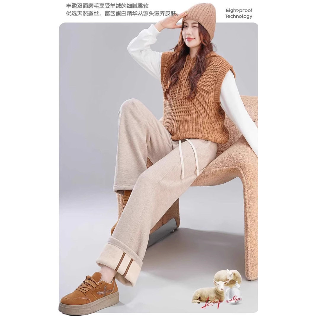 五只白鹅羊毛蚕丝裤垂感直筒6233灰色秋冬裤子加厚阔腿显瘦宽松女,淘宝优惠券,粉丝福利购,淘宝优惠卷