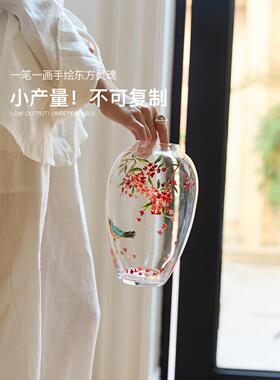 蜡笔派丹桂玻璃花瓶手绘轻奢高级感客厅玄关水养插花装饰摆件W