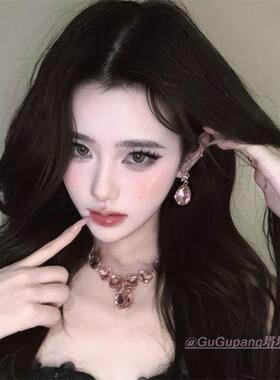 爆闪粉色水滴流苏项链女贵气轻奢名媛水钻耳环新娘礼服锁骨链套件