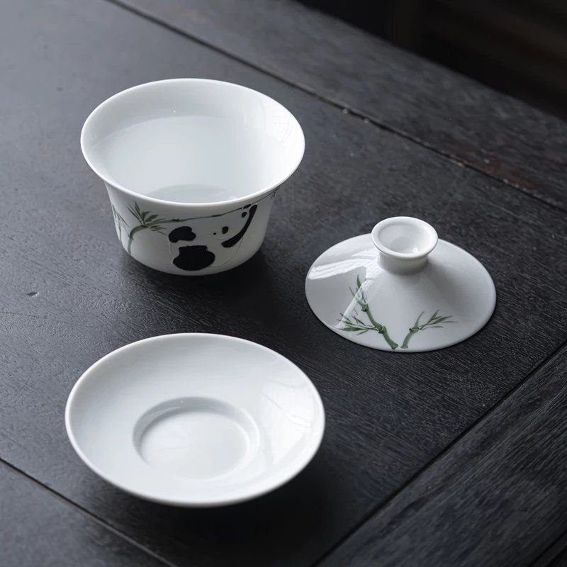 White porcelain hand-painted panda playing with bamboo Sancai bowl teahouse literati ceramic kung fu tea bowl Sichuan and Sichuan culture tea set