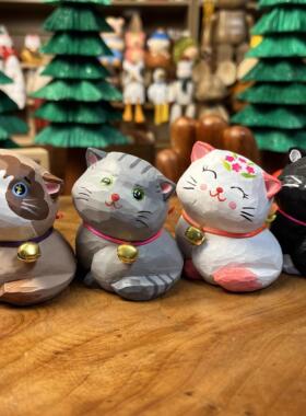 手工木雕椴木可爱铃铛小猫办公桌办公桌桌面摆件