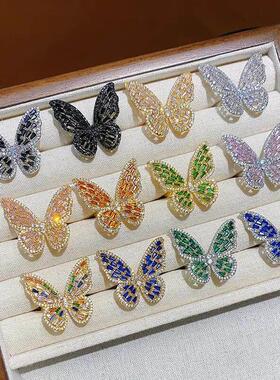 彩钻方钻镂空满天星夸张立体蝴蝶开口戒指女小众设计可调节超仙跨