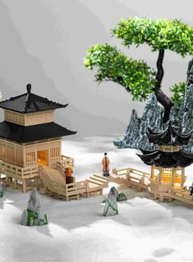 微景观造景带灯八角阁楼凉亭小摆件微景观鱼缸造景中式古建筑模型