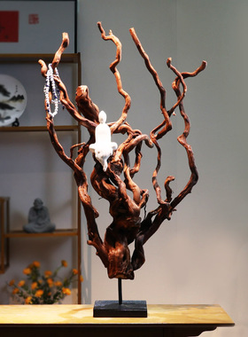 万千 新中式枯木风化根雕禅意玄关桌面摆件 家居客厅茶室手工装饰