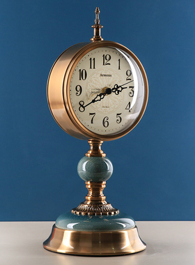 美式创意轻奢客厅陶瓷座钟冰纹台钟家居卧室工艺品静音钟表摆件