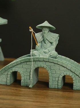 创意桌面姜太公钓鱼青砂石茶宠摆件办公室茶桌茶室禅意茶具装饰品