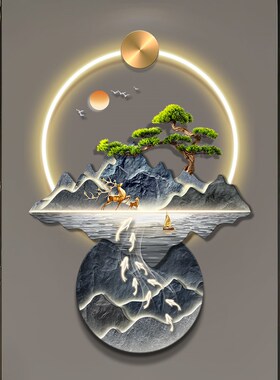 新中式玄关装饰画带钟表流水生财山水灯画高档立体客厅走廊壁画