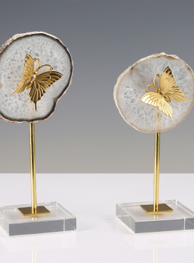 天然水晶石家居摆件新中式玛瑙黄铜蝴蝶客厅样板间书房工艺装饰品