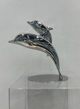 不锈钢镜面海豚鲸鱼雕塑抽象海洋创意样品屋展示中心水景广场景观