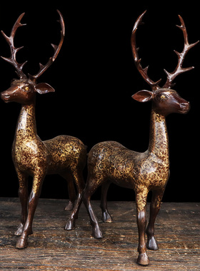 黄铜梅花鹿摆件一对招财客厅玄关酒柜动物装饰搬新家乔迁礼物铜鹿