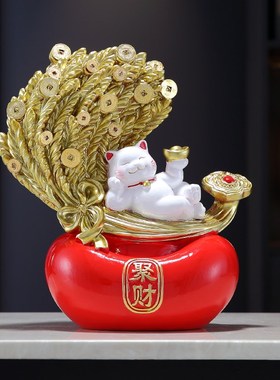 大麦招财猫摆件开业送礼店铺收银台家居玄关电视柜乔迁新居装饰品