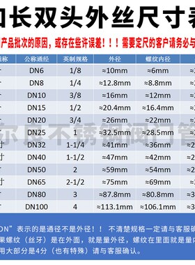 304不锈钢加长外丝双头丝4分6分1寸2寸延长201管外丝对丝100/110