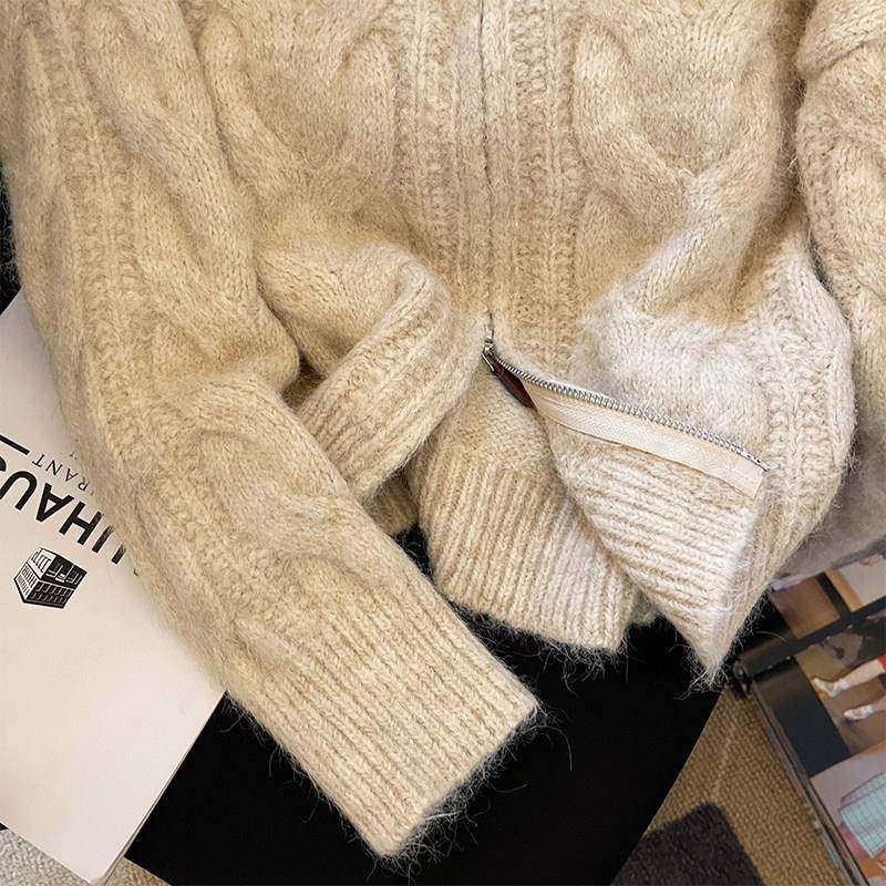 高领加厚拉链针织SP15817懒麻毛衣外女2024秋季新款花韩系软糯慵,淘宝优惠券,粉丝福利购,淘宝优惠卷