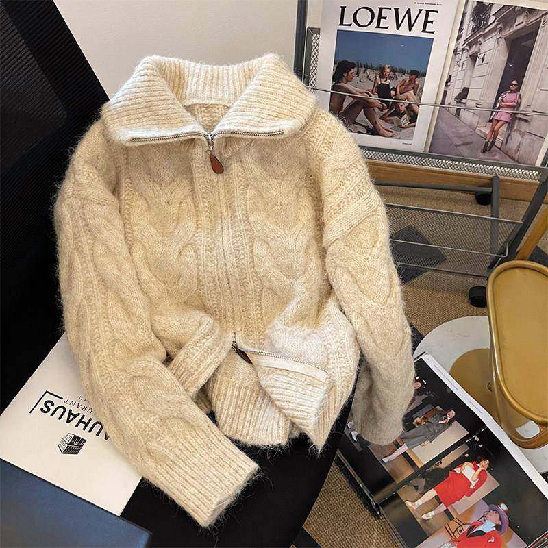 高领加厚拉链针织SP15817懒麻毛衣外女2024秋季新款花韩系软糯慵,淘宝优惠券,粉丝福利购,淘宝优惠卷