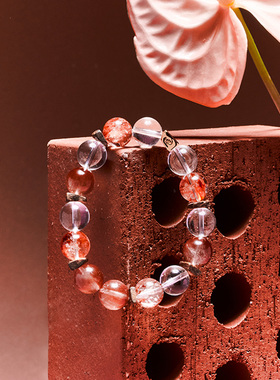 ROCKBUND「熠火·丹盈」红兔毛天然白水晶红胶花沉香手串高级礼物