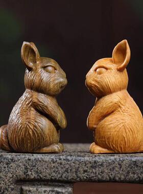 艺木仙居绿檀木生肖兔子手把件崖柏木雕刻小摆件实木文玩工艺品