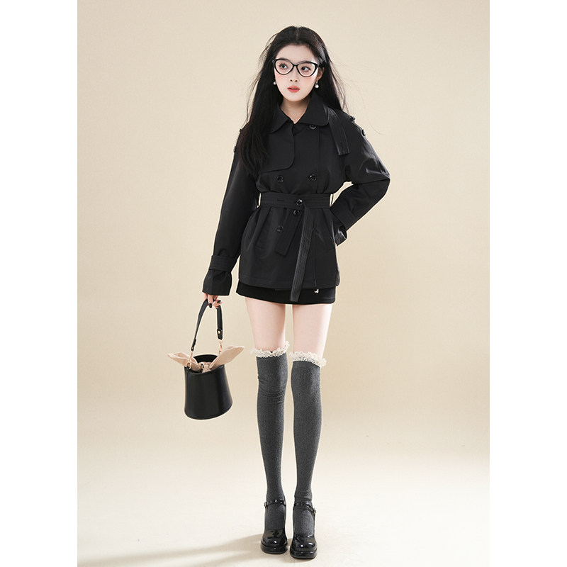 纯欲风复古双排扣风衣女春秋新款小个子高级感黑色收腰短款外套,淘宝优惠券,粉丝福利购,淘宝优惠卷