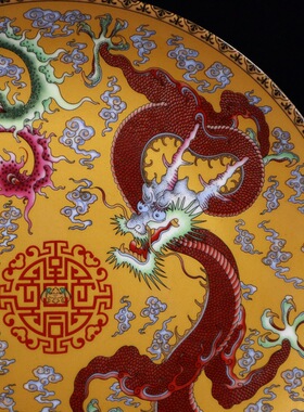 古玩杂项做旧仿古粉彩龙凤图纹赏盘摆件瓷器工艺品新中式家居装饰