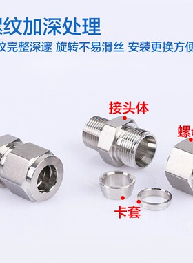 不锈钢卡套式端直通管接头 卡端直通接头 卡直通 卡套式直通接头