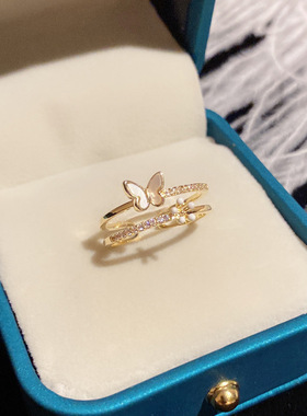 双层镶钻调节食指戒指女轻奢百搭