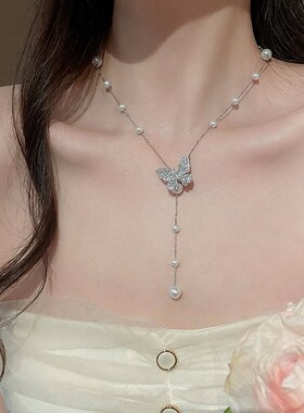 真金电镀锆石珍珠流苏锁骨项链女