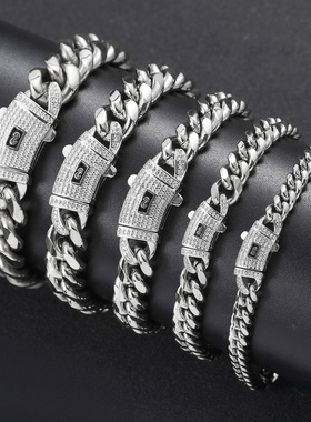 饰品不锈钢项链-圆磨加密古巴链锆石弹簧扣钛钢链