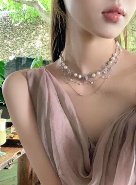 新款鸢尾梦蝶珍珠项链女轻奢小众