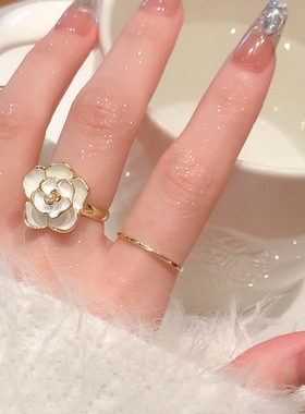 白色山开口戒指女小众素圈珍珠可