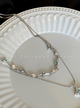 双层蓝色四芒星锆石项链女夏季