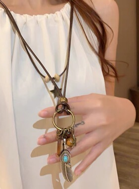 新中式禅意古铜羽毛双层叠戴项链