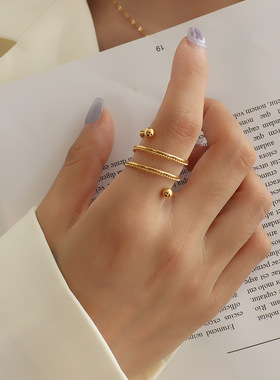 法国小众双层弹簧麻花钢珠戒指镀