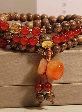 天然沉香红玛瑙多层手链女款新中式轻奢小众精致复古福袋吊坠首饰