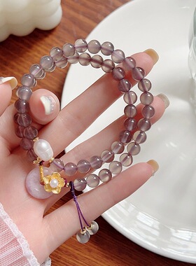 天然6mm烟紫玛瑙手链女富贵花平安扣灰玛瑙手串复古中国风手饰品