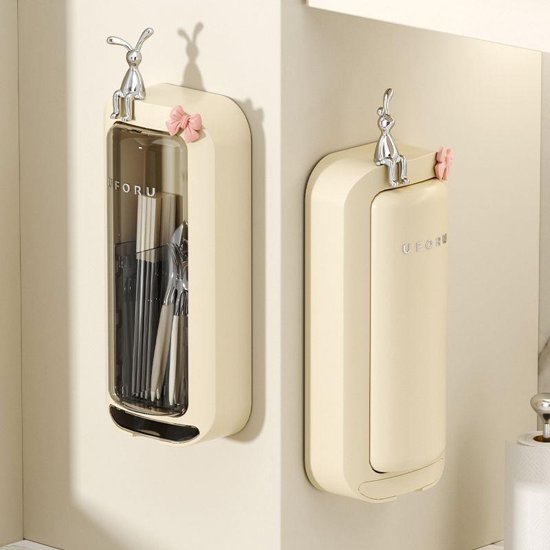 Chopstick barrel wall-mounted chopstick storage box with cover chopstick cage draining dust-proof punch-free tableware spoon storage rack