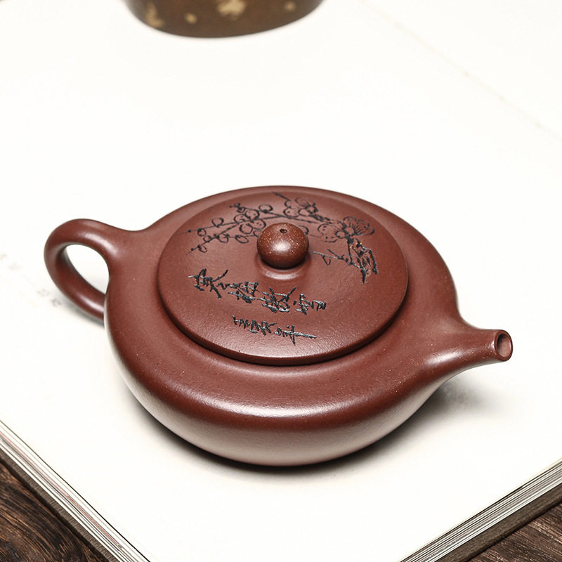 Yixing purple clay teapot fully hand-engraved original ore purple clay flat teapot teapot boutique tea set wholesale one piece drop shipping