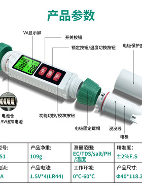 新品现货屏幕背光5合一水质笔X51高精度盐度/ph/tds/ec水质检测笔