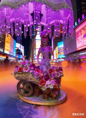 陶瓷摆件 空间美器 花之恋花车女孩台灯 纯手工带灯罩 中古瓷器