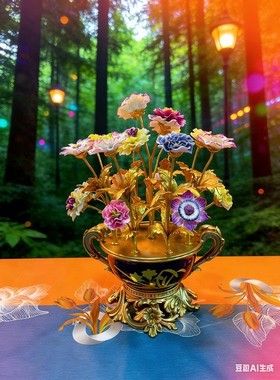 陶瓷美器 •铜配瓷钴蓝釉永生花•高40厘米左右 送人自留两相宜