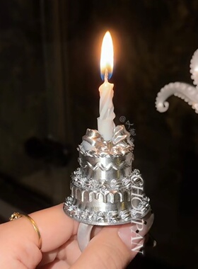 银色ins风蛋糕蜡烛戒指生日装饰戒指3d打印拍照出片神器小众首饰