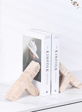 极简风现代大理石书立书档创意字母摆件黄洞石书靠样板间酒店装饰