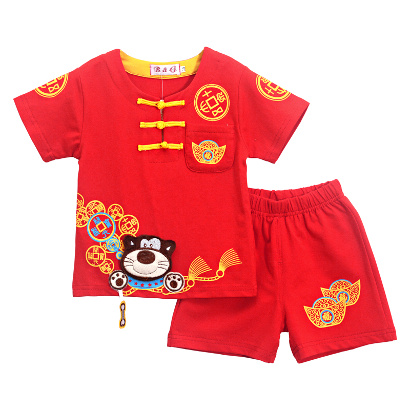 夏天兒童短袖純棉唐裝3男寶寶百日套裝1-2歲男童紅色週歲衣服夏季
