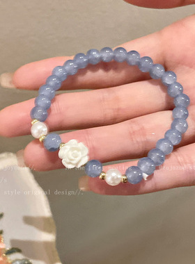 青釉手作海蓝宝山茶花手串女款小众设计闺蜜高颜值串珠手饰