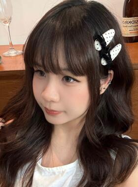 韩系黑白色布艺发夹简约复古少女发卡蕾丝格纹百搭刘海夹发饰