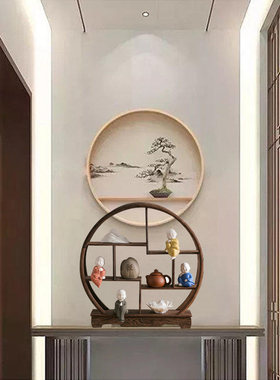 博古架摆件实木新中式小型茶桌客厅玄关装饰办公室电视柜圆形书房